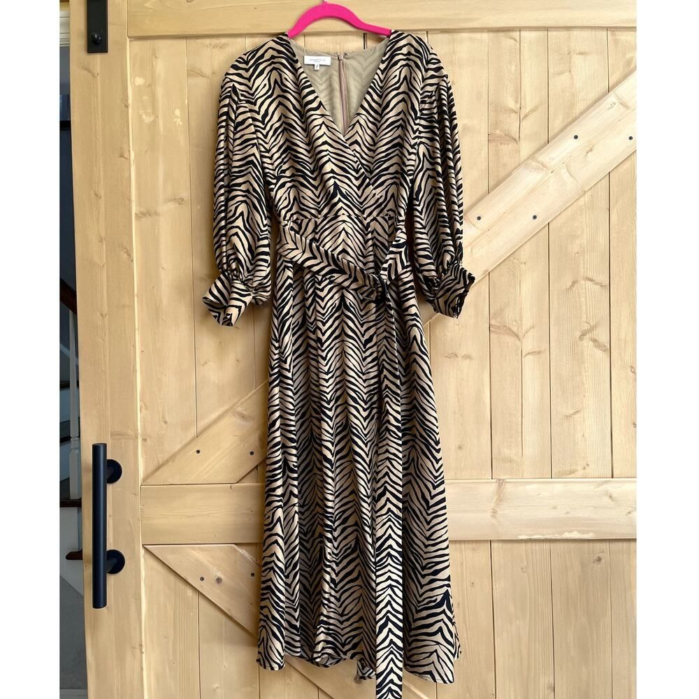 Lafayette 148 Animal Print Silk Belted V Neck Midi Dress Tan Black Size 0 Small